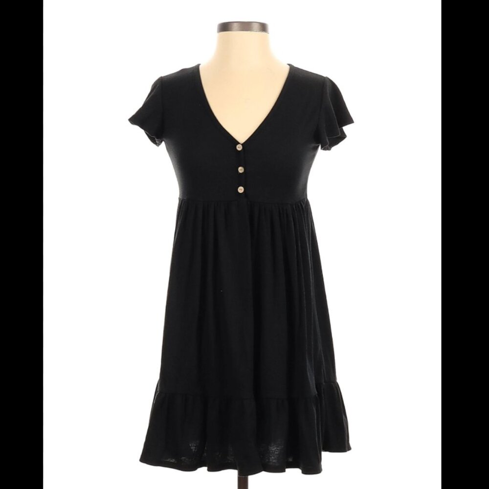 FREE PEOPLE Black Ribbed Button-Front Mini Dress – Size S